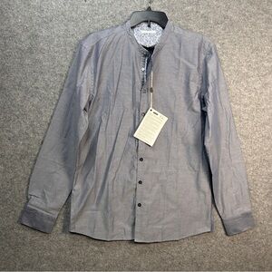 SSeinse Mens XL Gray Floral Trim Collarless Button-Up Shirt Business Casual New